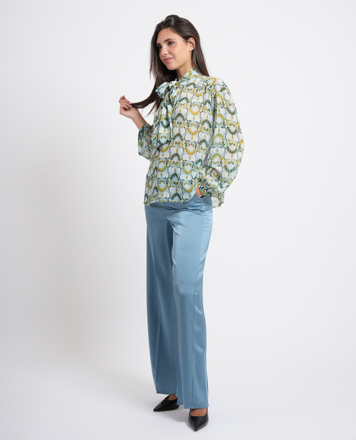 IBLUES GREEN CHIFFON PRINT BOW BLOUSE IBLSECOLO