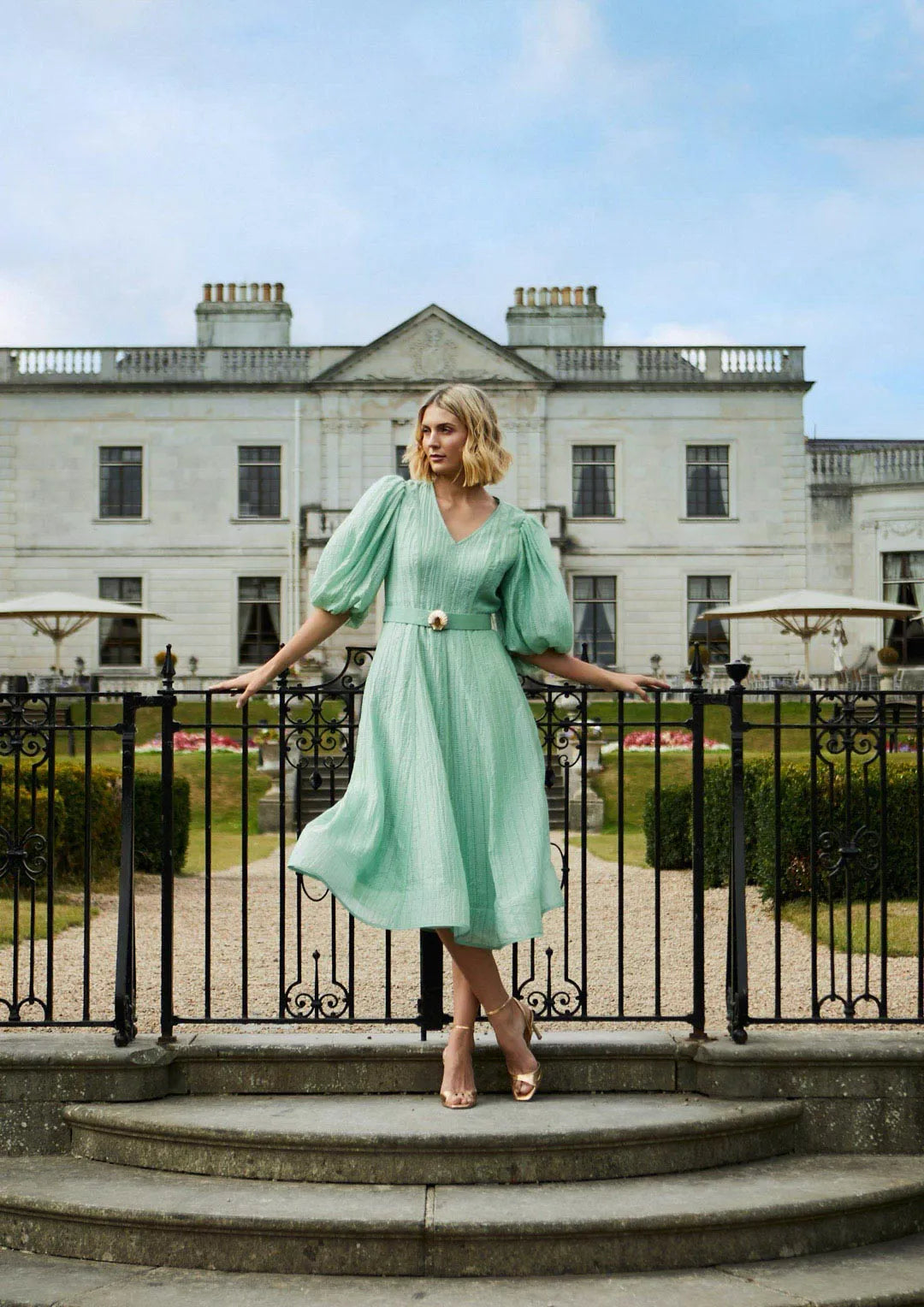 FEE G GREEN V NECK LONG DRESS 883B124 KYLIE 126