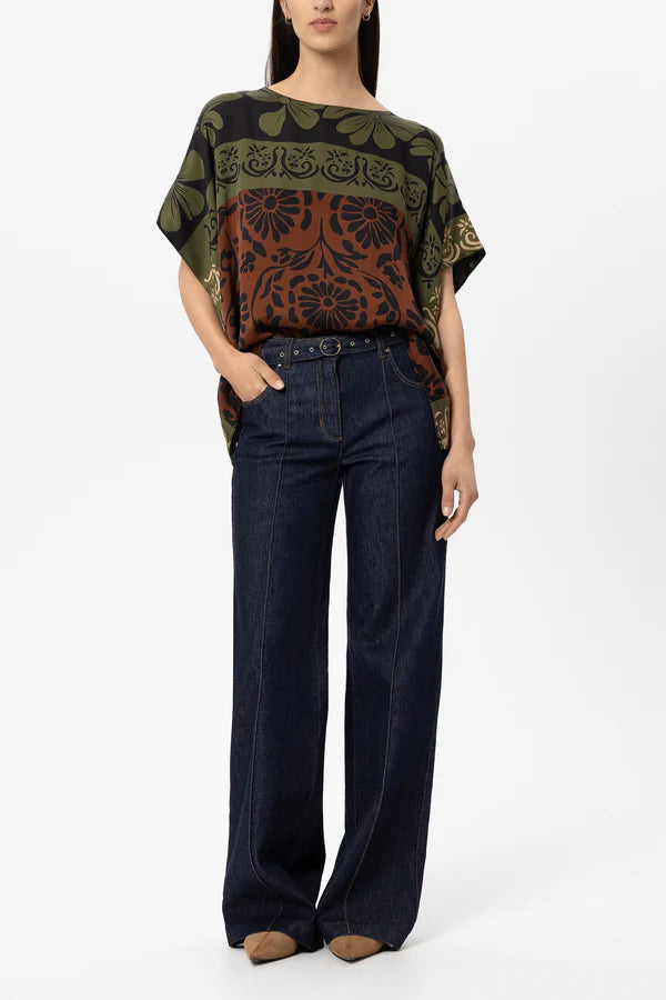 LUISA CERANO KHAKI SATIN PRINT TOP 248732 226