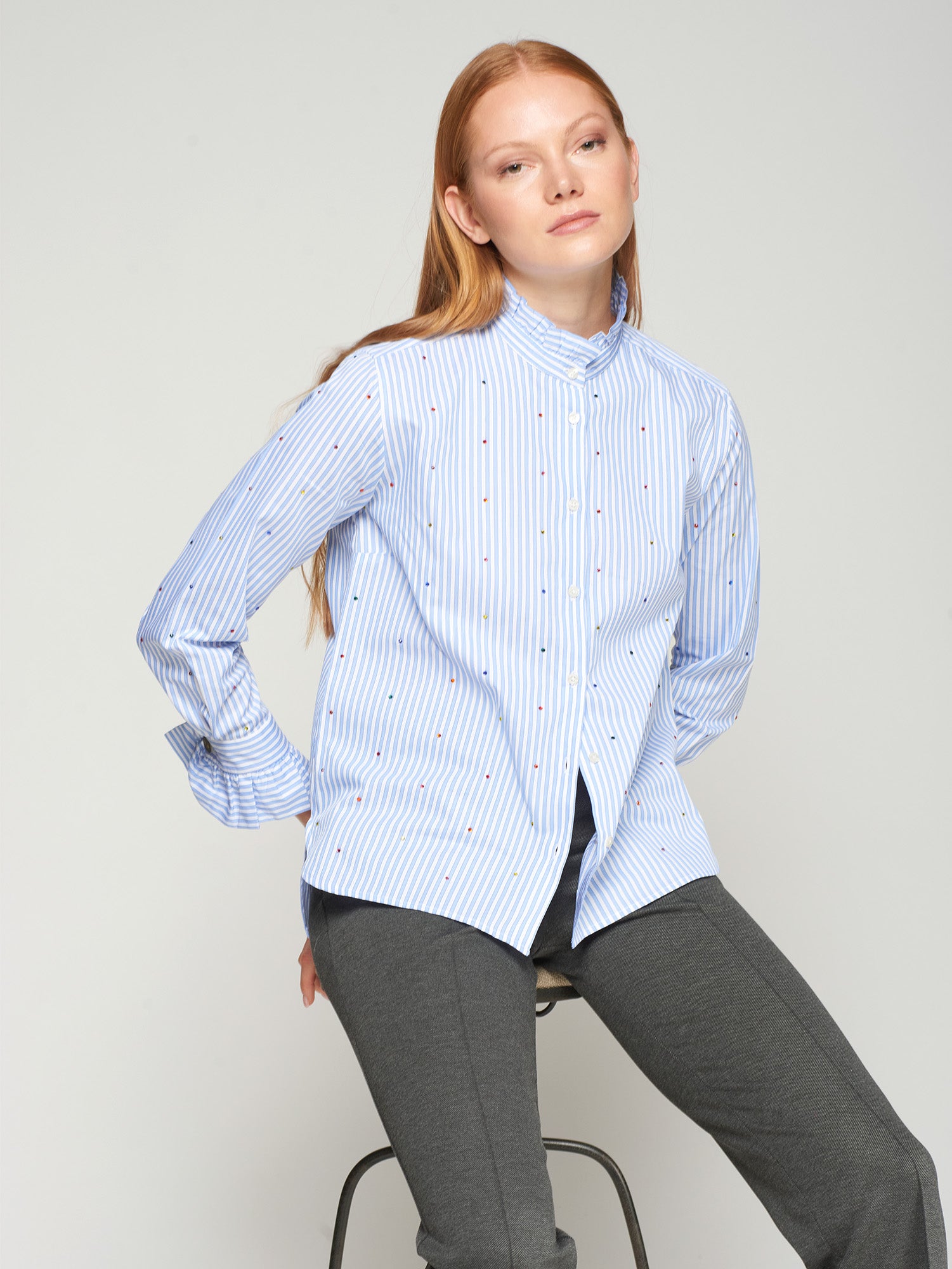 VILAGALLO BLUE FRILL NECK BLOUSE 32655 225