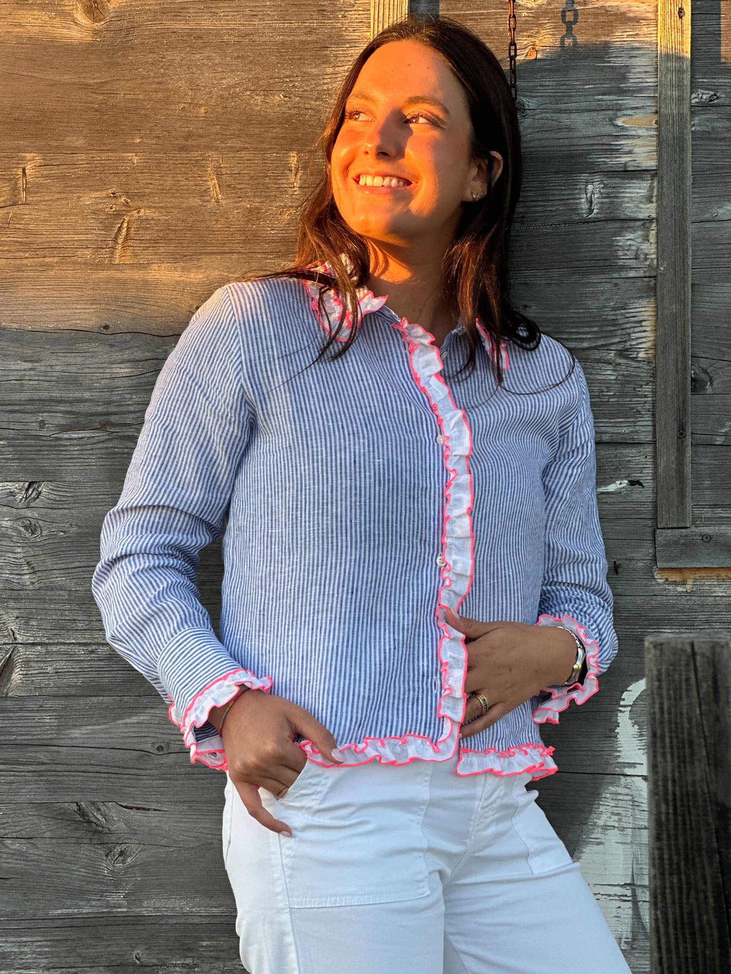 VILAGALLO BLUE STRIPE LINEN BLOUSE 33423 126