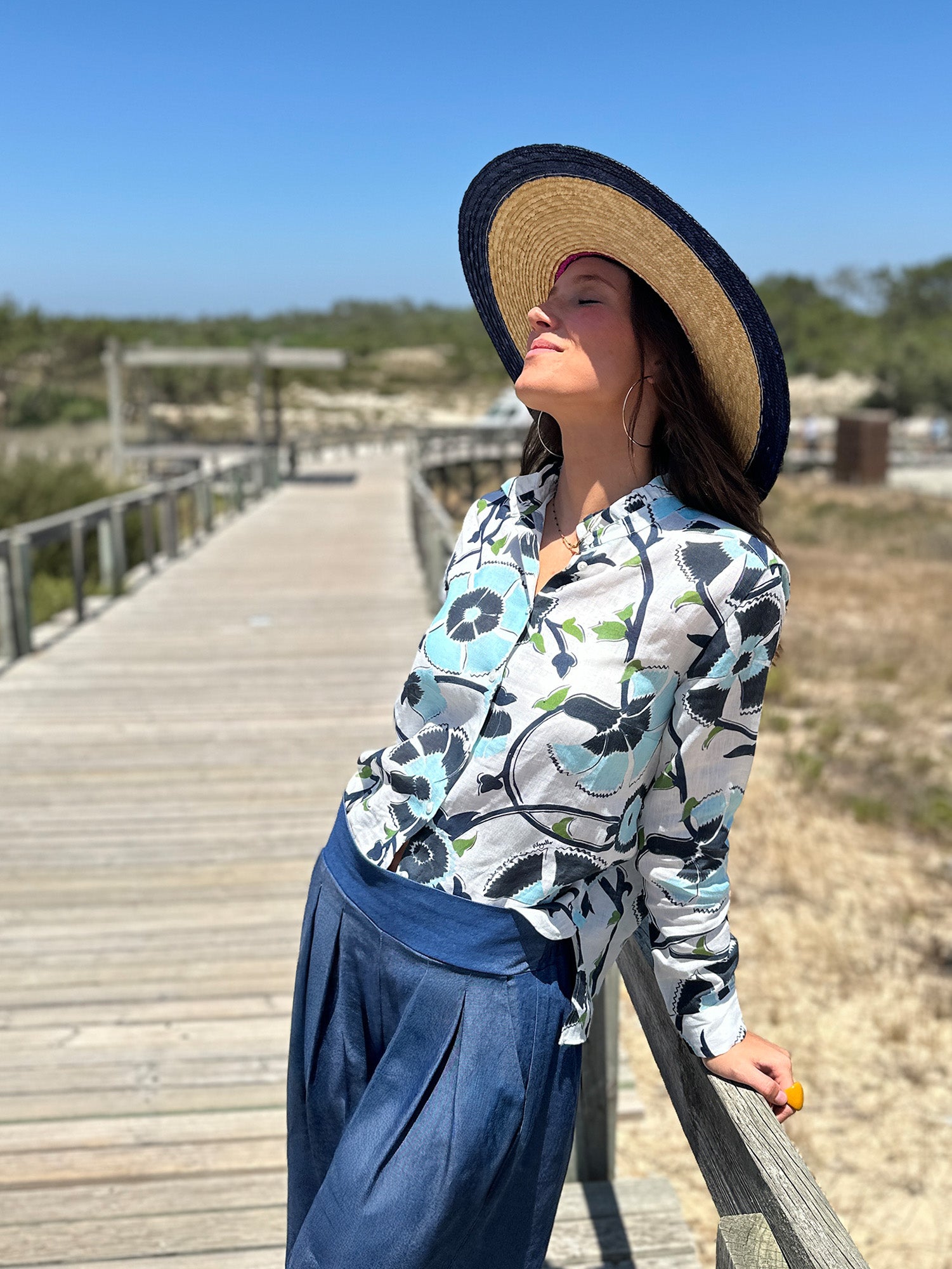 VILAGALLO NAVY PRINT HIGH NECK BLOUSE 33464 126