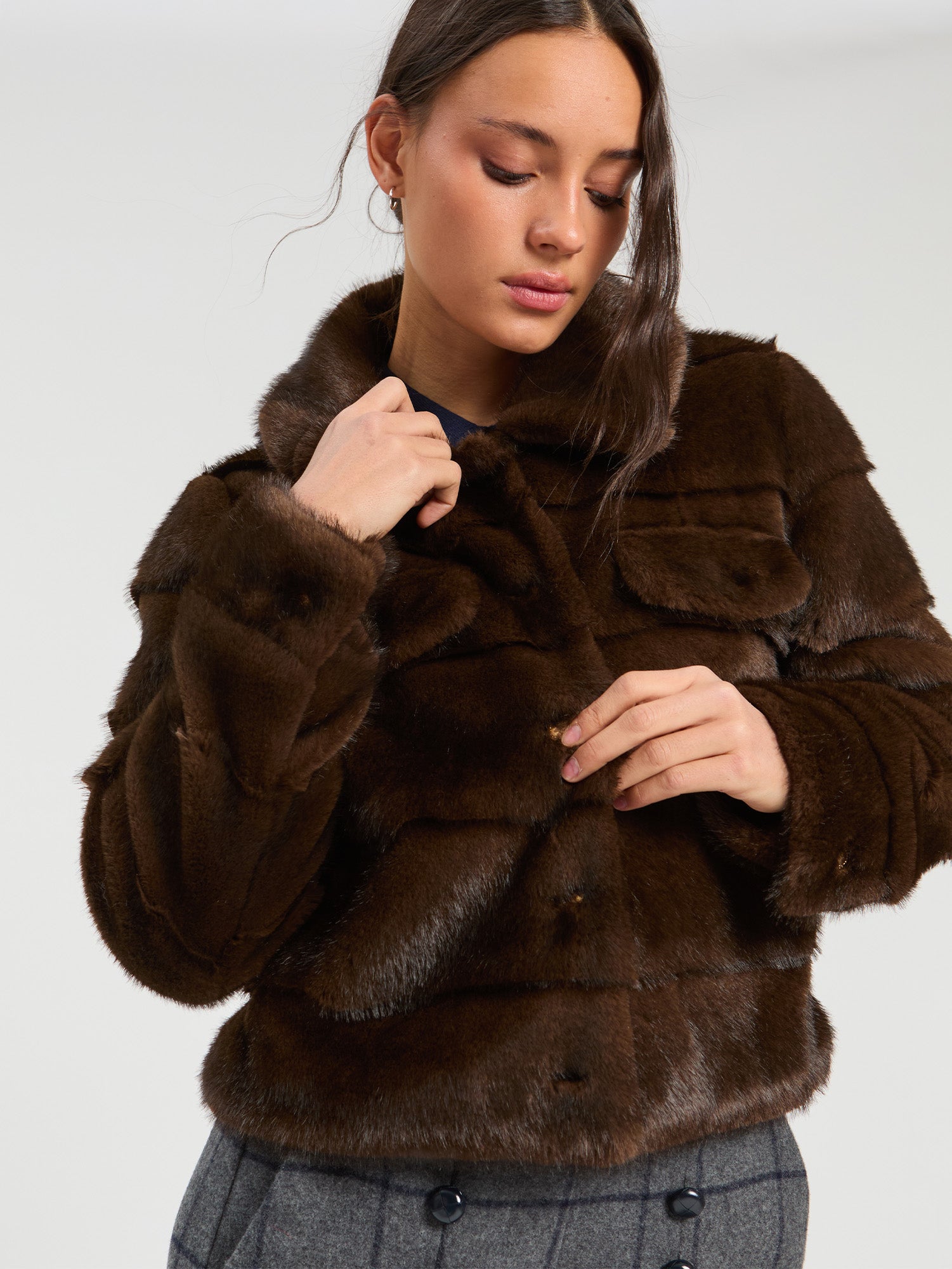 VILAGALLO BROWN CROPPED FUR COAT 33763 226