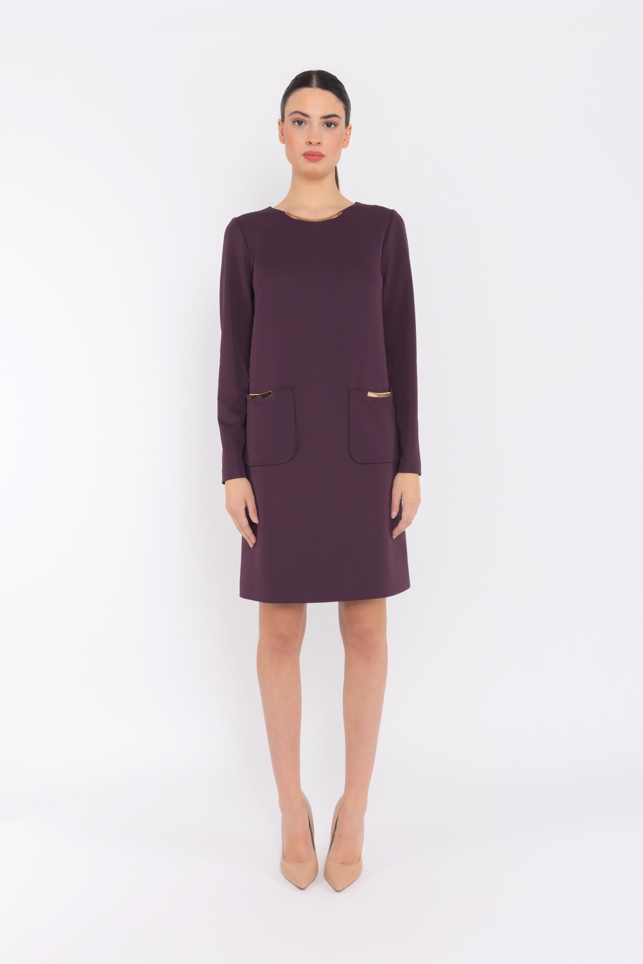 CARLA RUIZ  AUBERGINE GOLD BAR SHIFT DRESS 52023 225