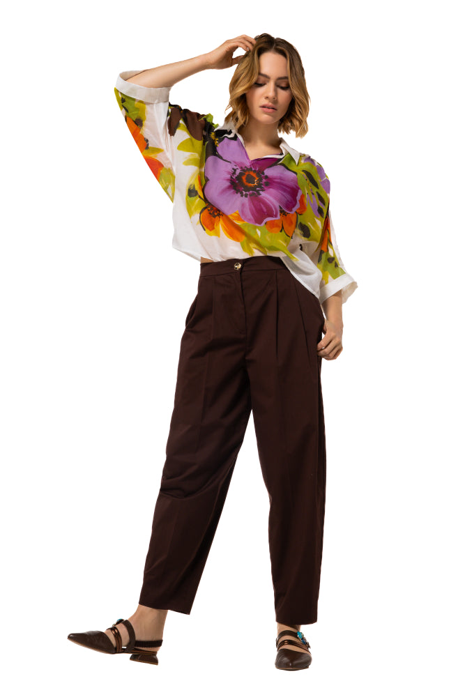 CAROLINE BISS BROWN COTTON TROUSERS 1525 126