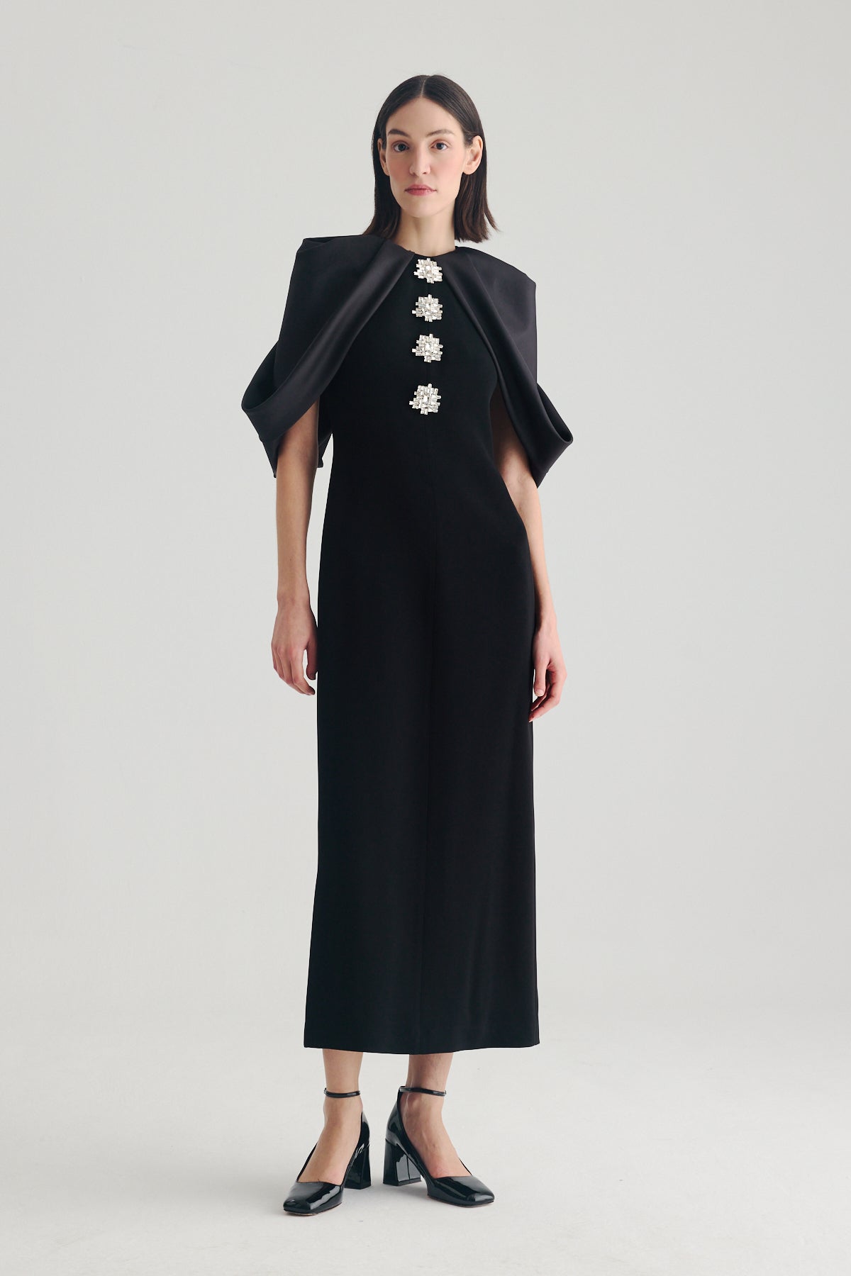 05-036 birelin couture black long cape effect sleeve wedding guest dress
