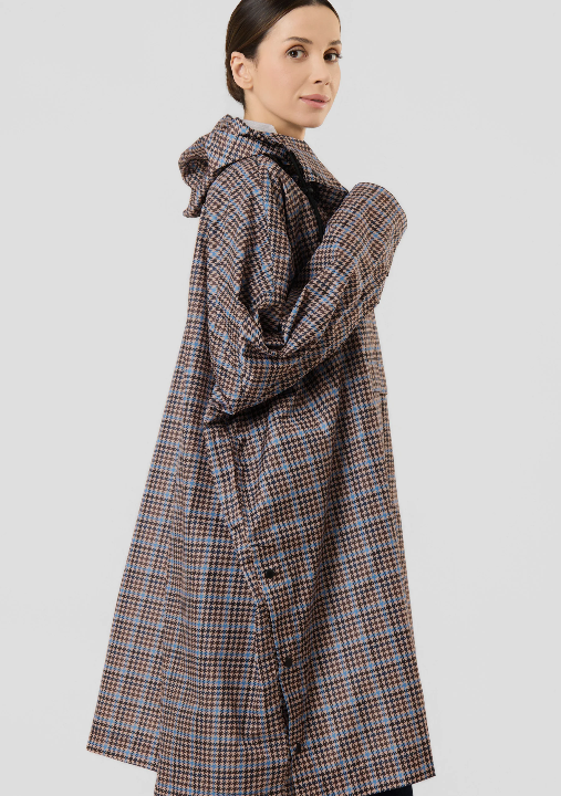 CODELLO BROWN RAINCOAT 62B0005 codello brown and blue check poncho raincoat with hood and side packets