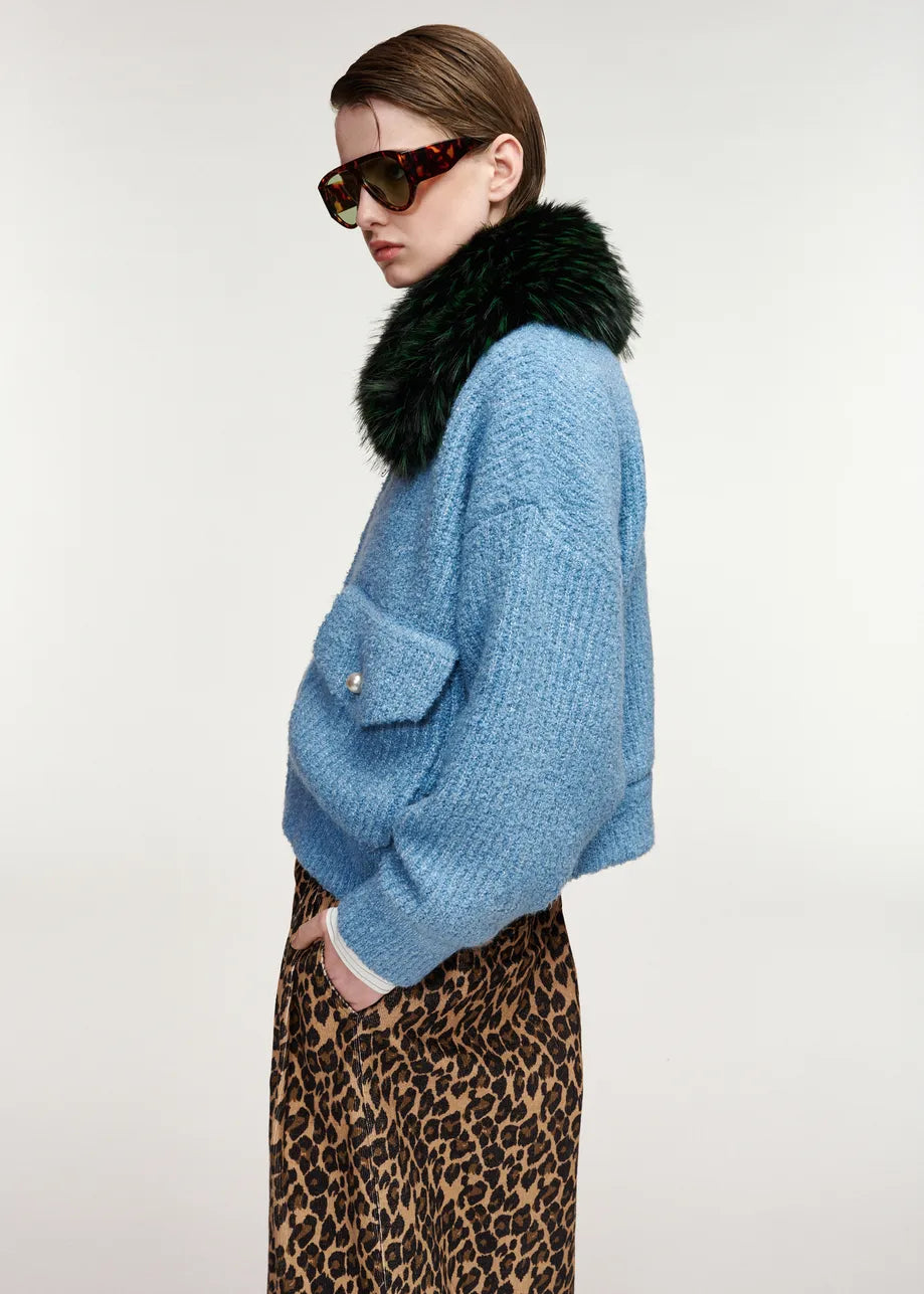 essentiel antwerp blue kanada knitted jacket with faux fur