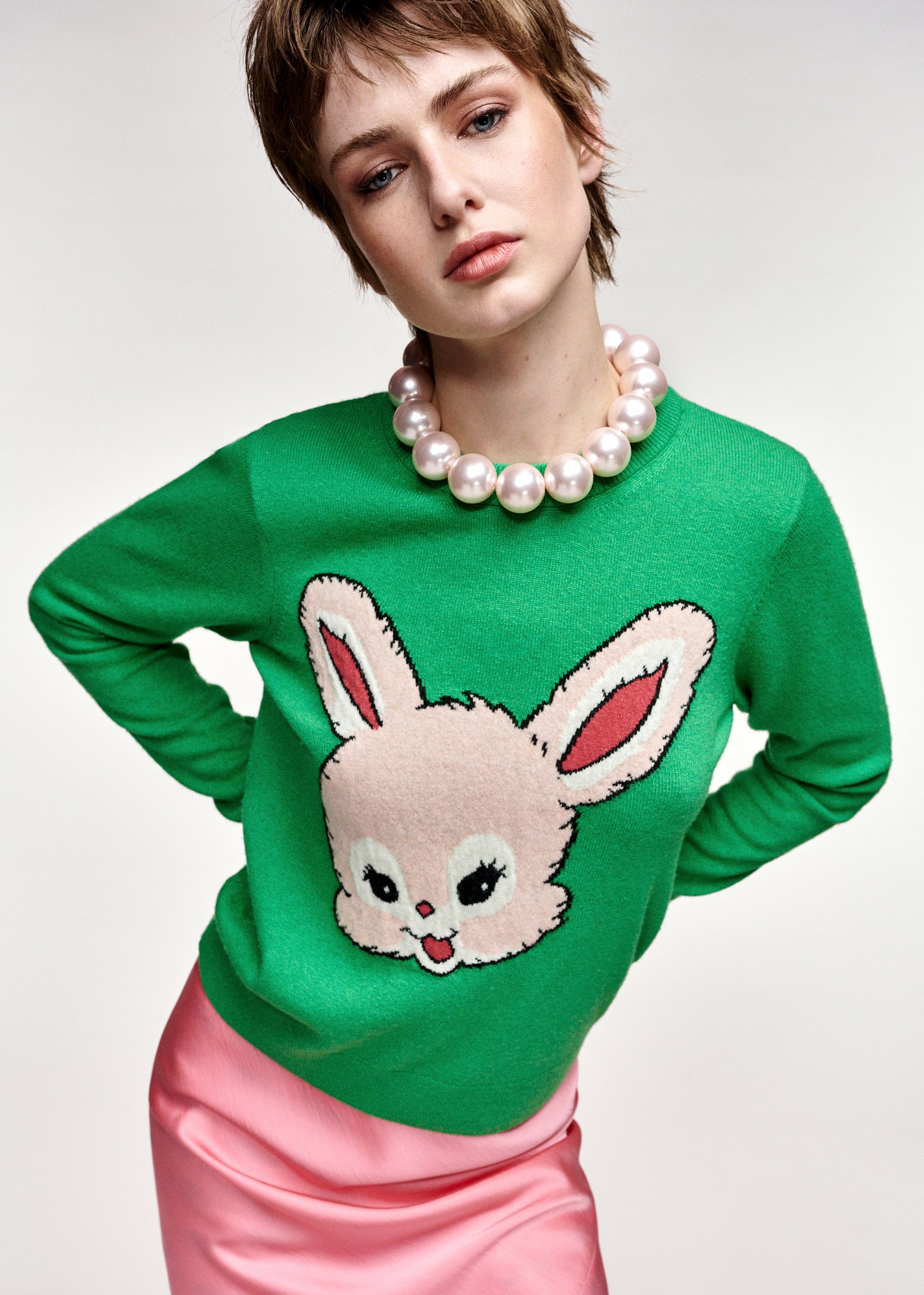 essentiel antwerp green and light pink kapital rabbit wool blend sweater