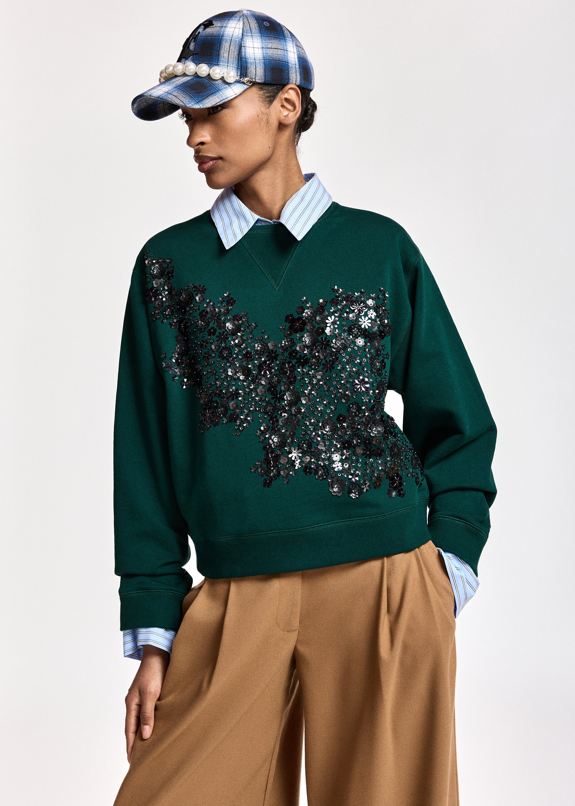 essentiel antwerp kruimel dark green cotton sweatshirt with sequin and bead-embellished embroidery