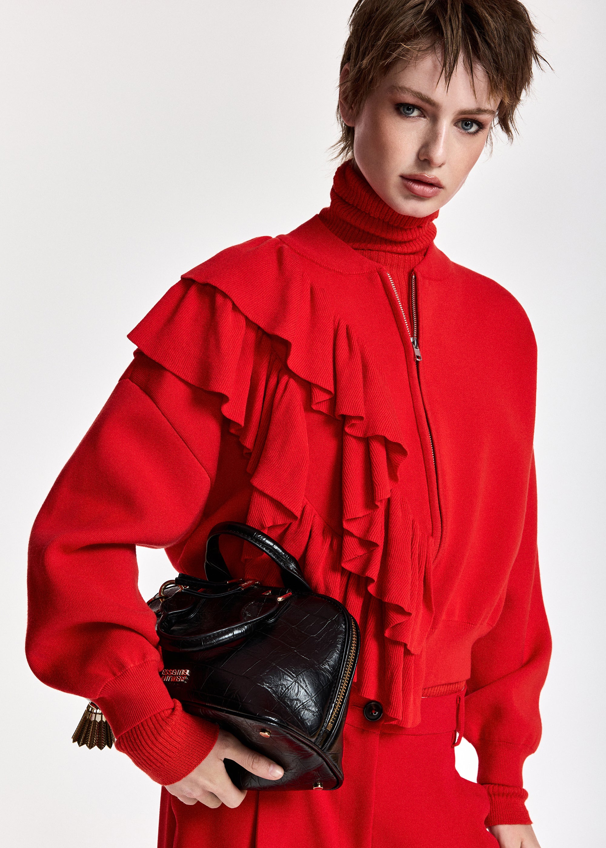 essentiel antwerp kodi red ruffle zip-up smart casual cardigan