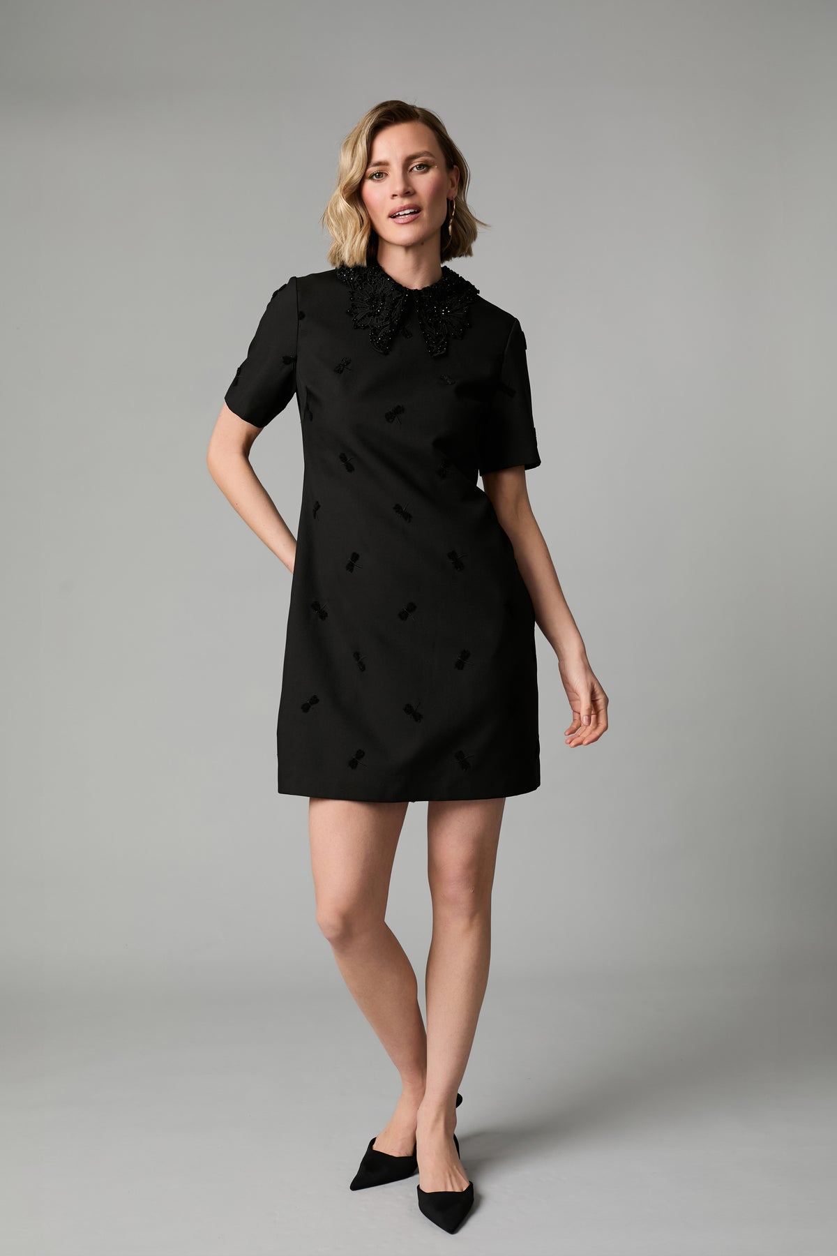 884B/146 fee g black dragonfly beaded collar dress going out