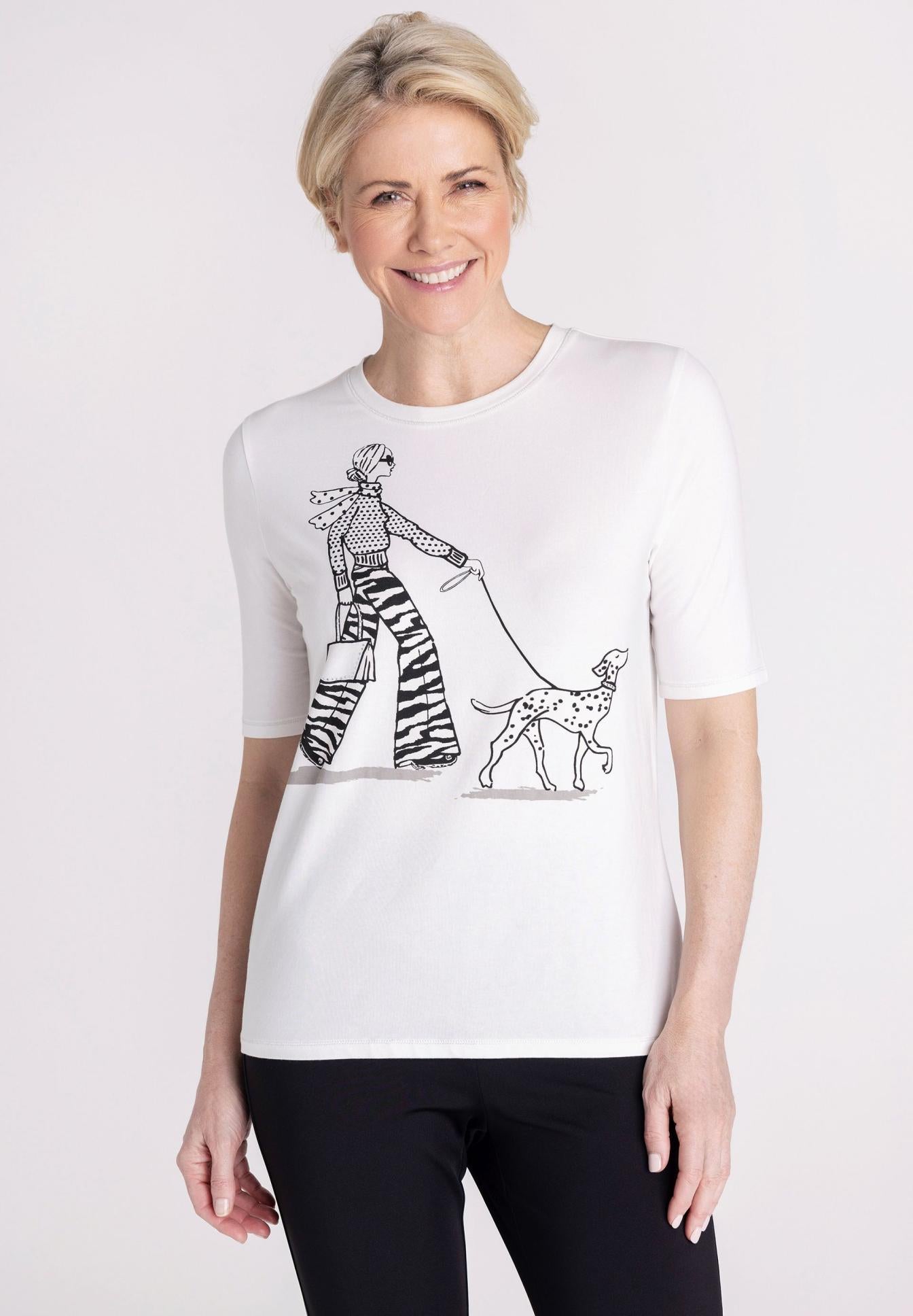 108450 frank walder white t-shirt lady walking a dog casual