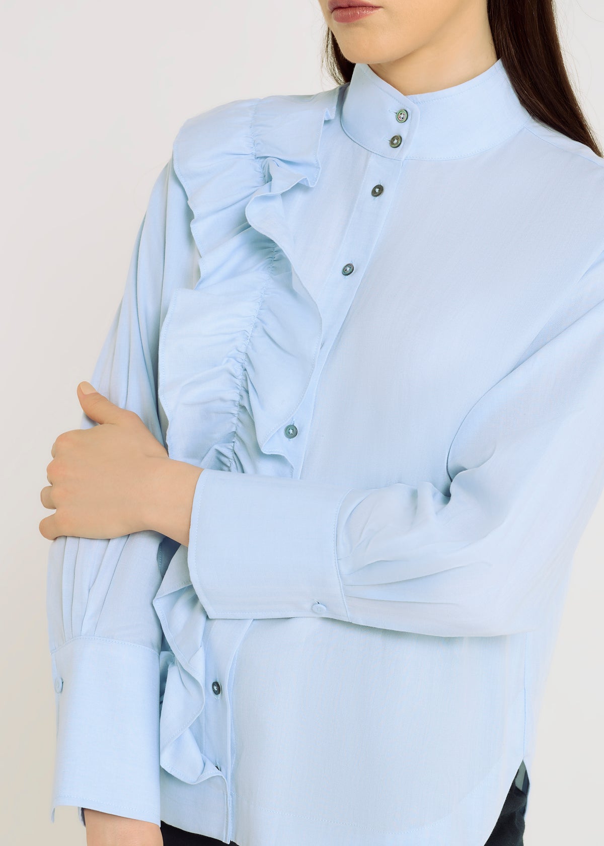 hana san blue shirt with round collar and ruffle gabrielle