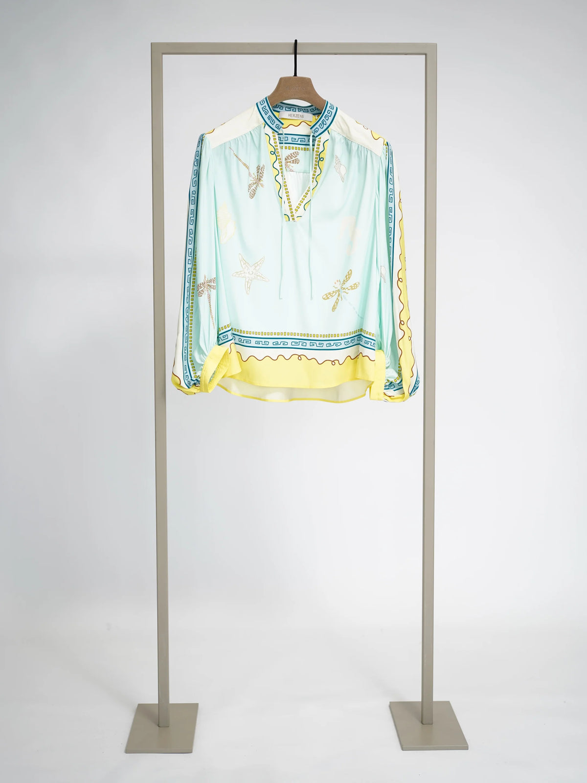 Herzens aqua, blue and yellow dragonfly print silk blouse shop Macbees Killarney