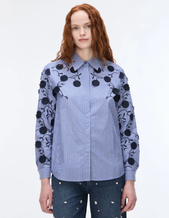 iblues blue stripe blouse iblghiglia with navy floral applique detail