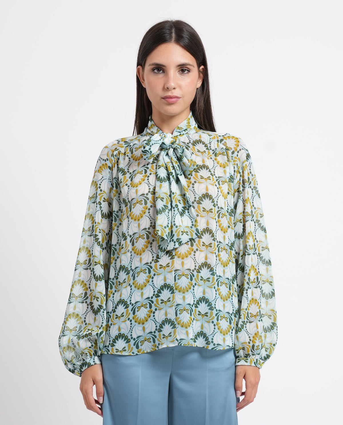 iblues green chiffon print bow blouse with cuff sleeves iblsecolo