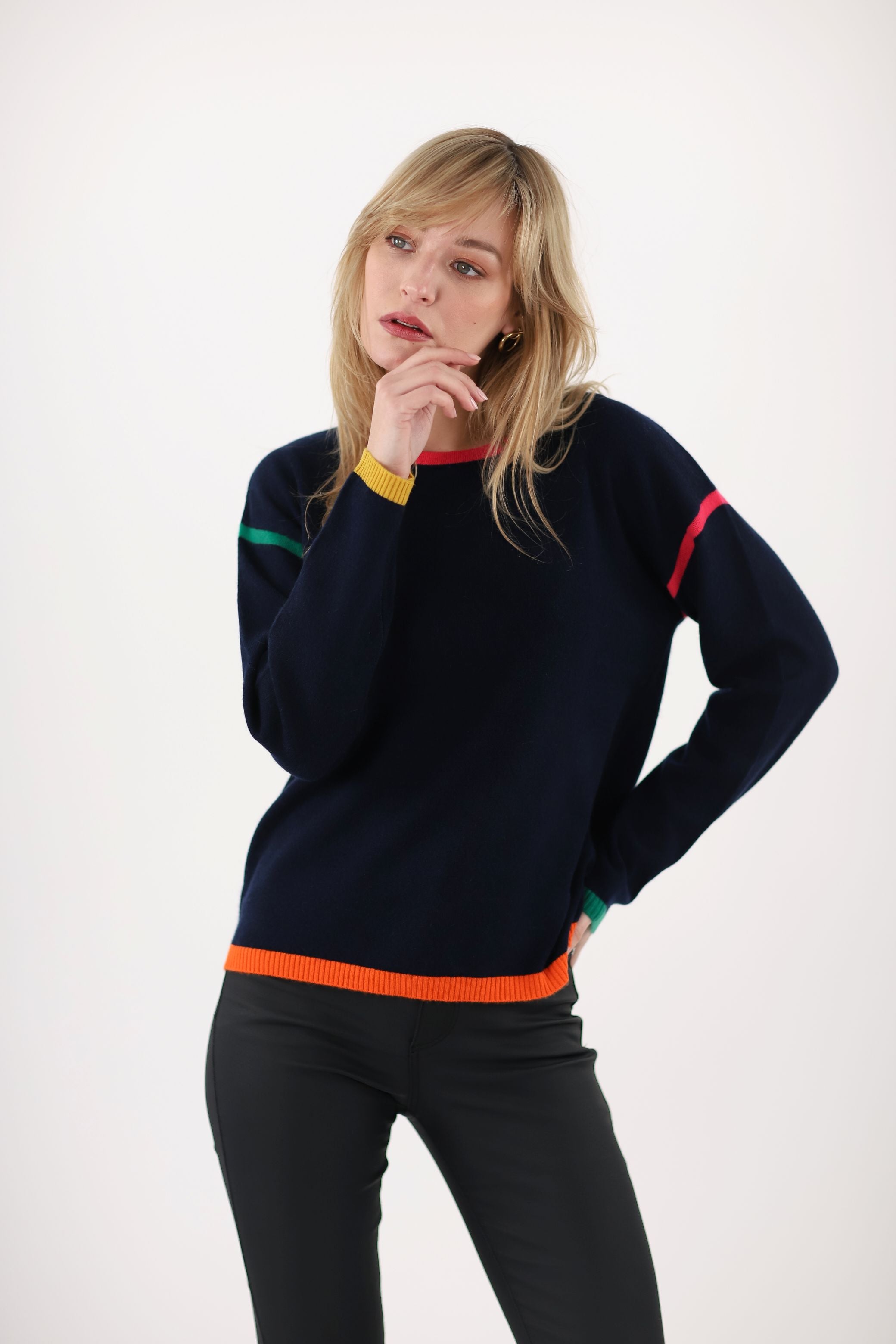 ESTHEME NAVY COLOURFUL TRIM ROUND NECK KNIT JF5W020C 225