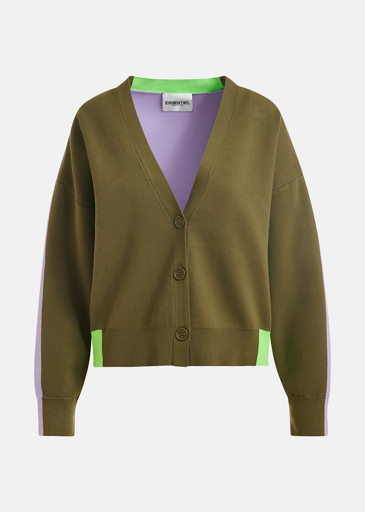 ESSENTIEL ANTWERP JICOLOR TRICOLOUR CARDIGAN OLIVE 126