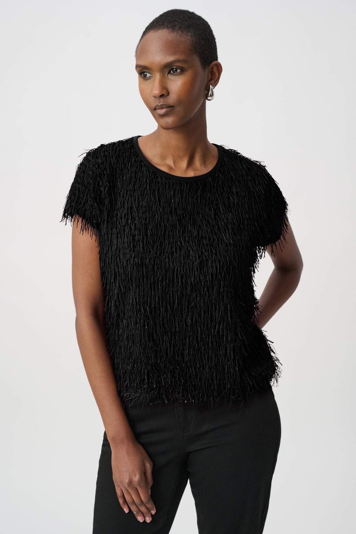 264208 11 joseph ribkoff black top with fringe going out top