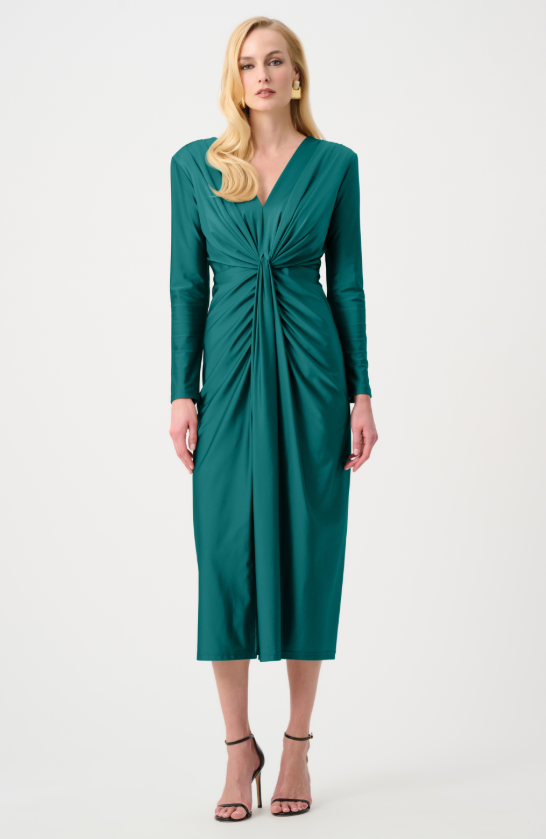 253714F26 4549 joseph ribkoff green dress with centre ruching and drape