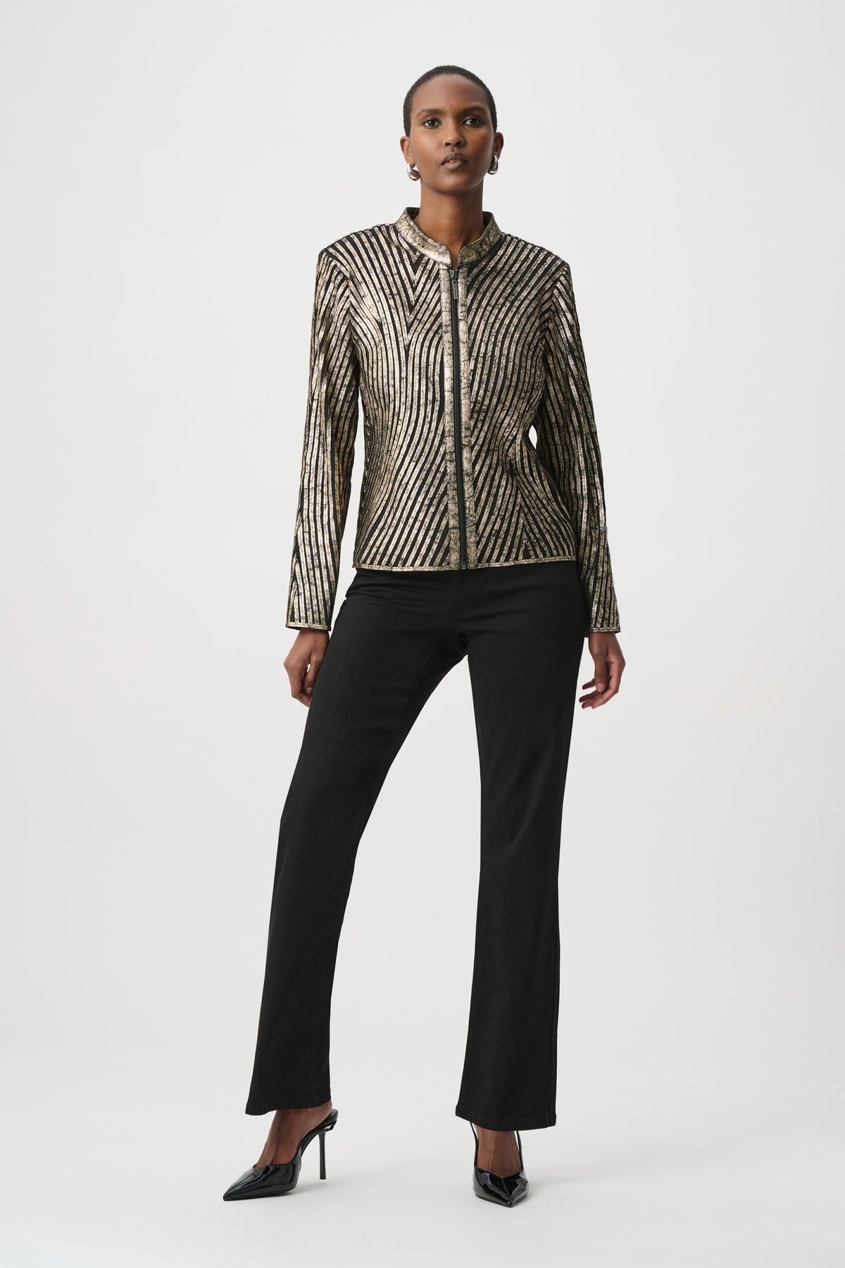 264908 275 joseph ribkoff multi colour jacket black and gold metallic top with zip