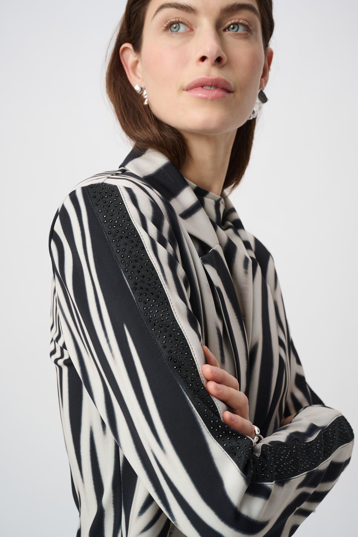 264129 511 joseph ribkoff black and white zebra print blazer with beaded sleeve detail