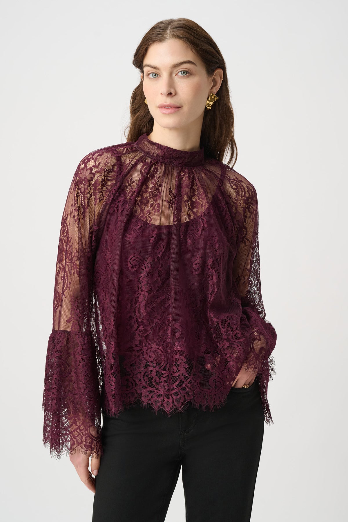 264098 4539 joseph ribkoff wine lace sleeves going out top
