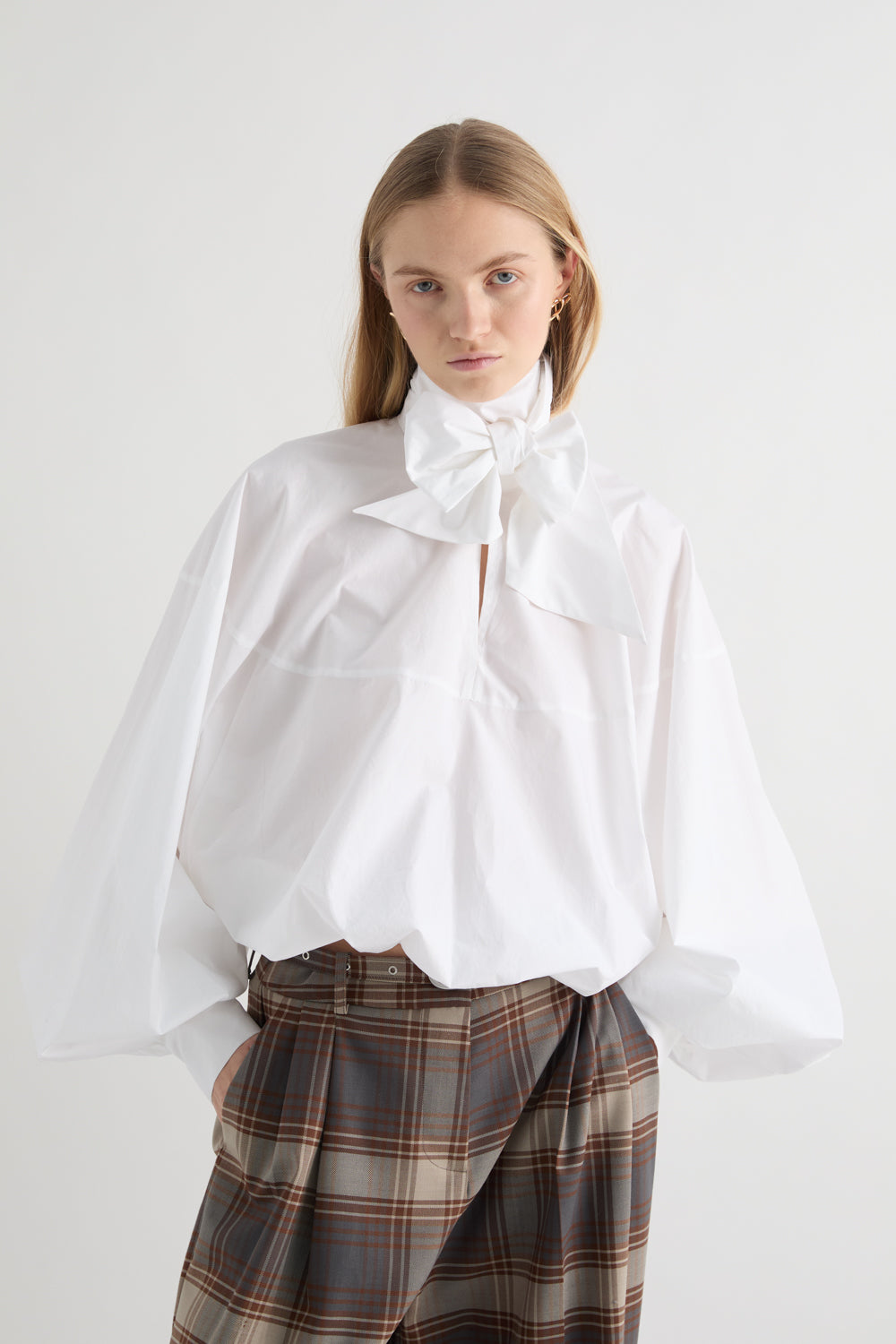 meimeij white blouse pussy bow big sleeves