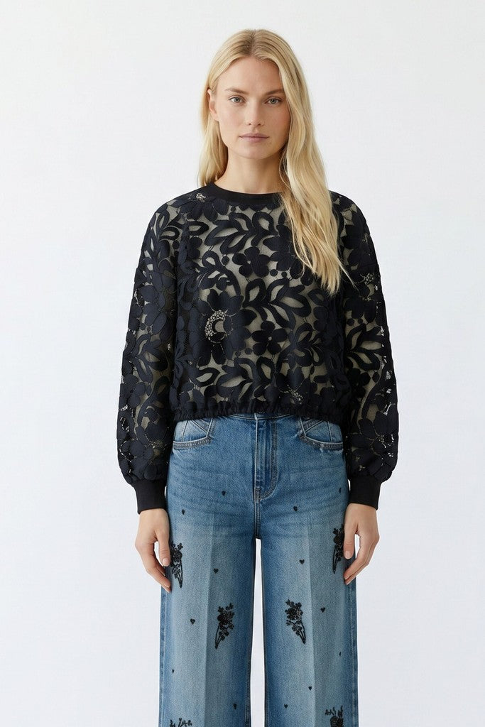 99922 oui black floral lace sweatshirt
