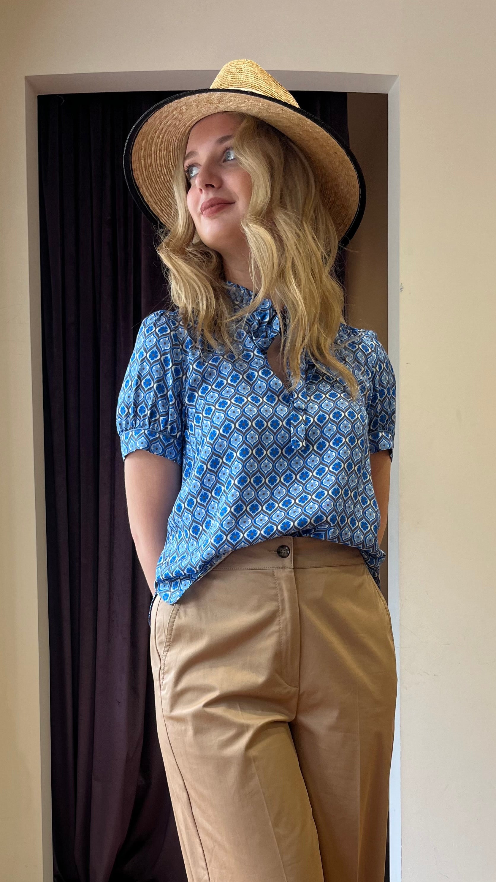 IBLUES BLUE FRILL PRINT S/SLEEVE BLOUSE MLMVASTO 126