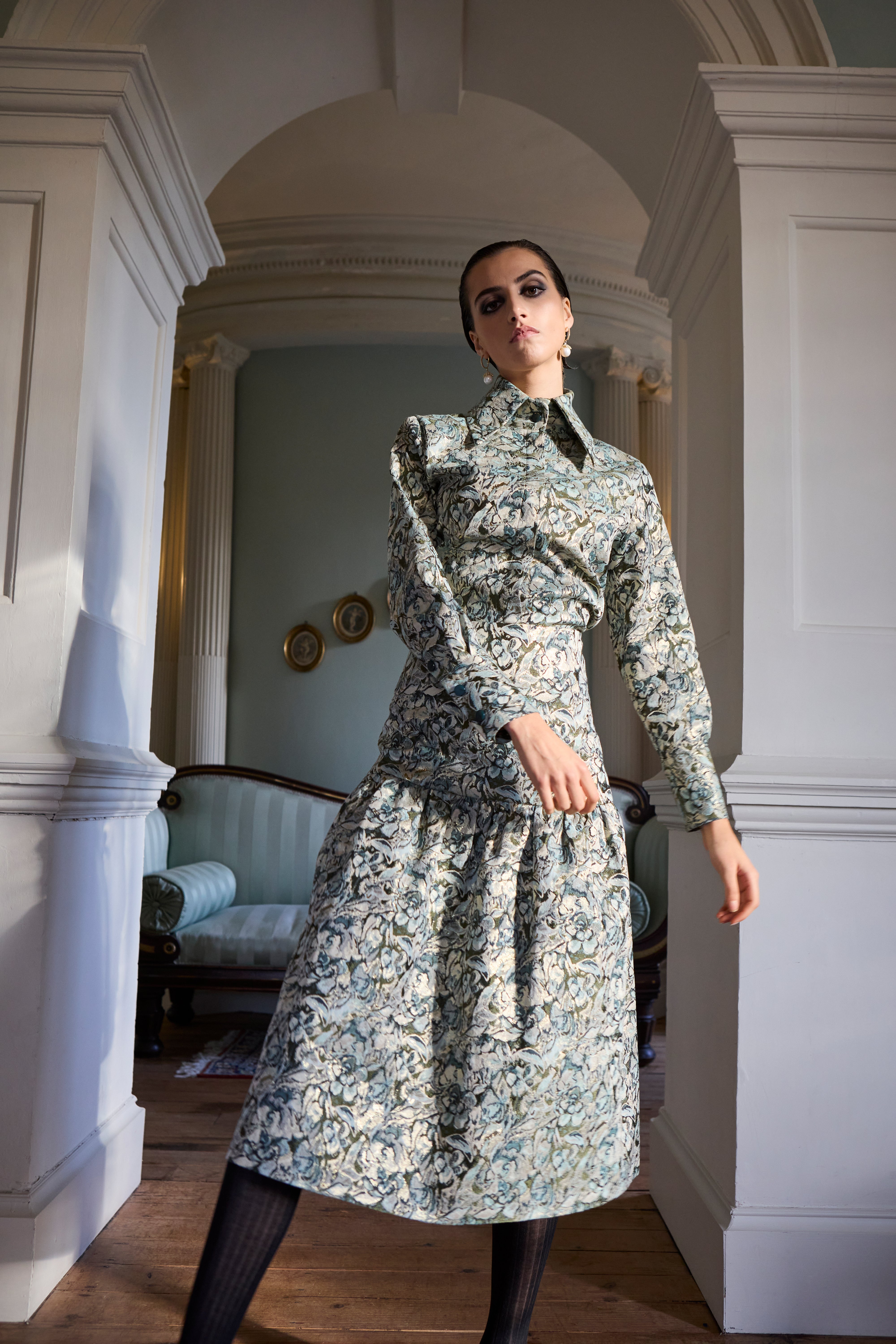 AOIFE LIFESTYLE - GATHERED SKIRT FLORAL METALLIC -GSF 126