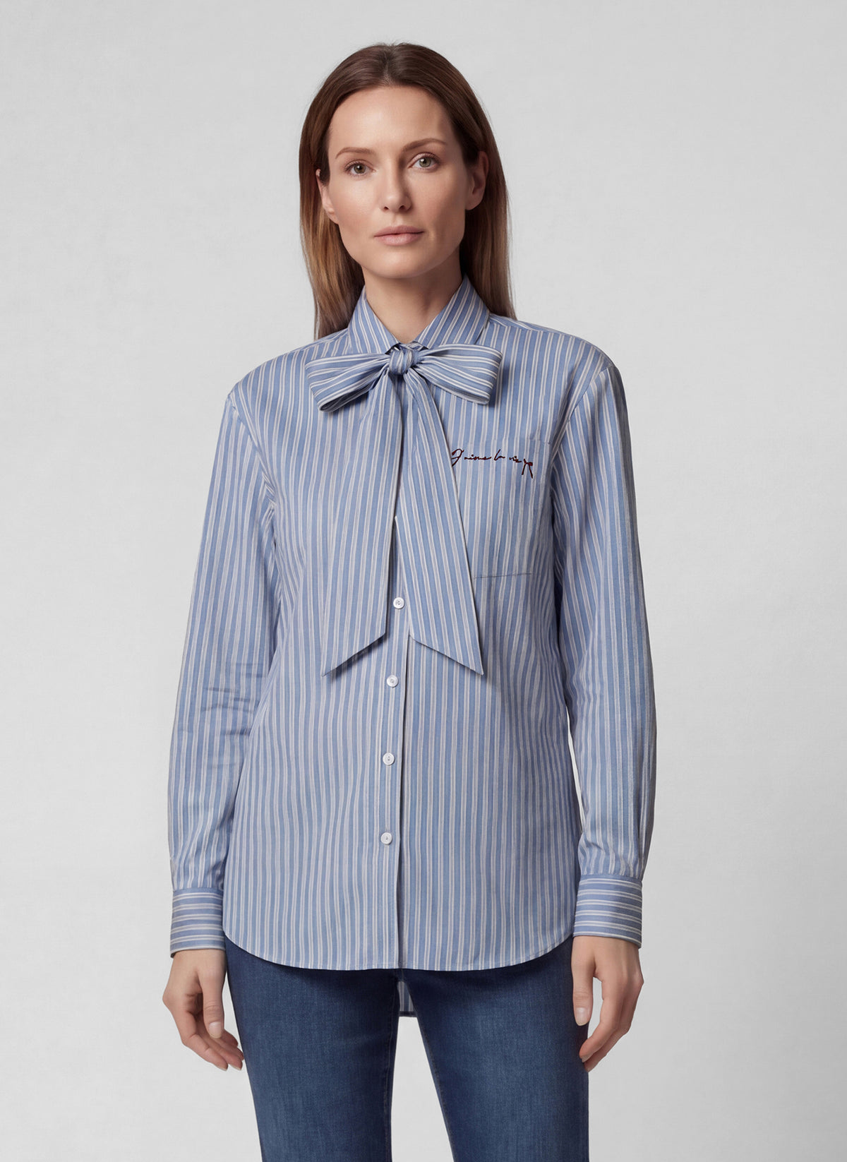 57-114101 rabe blue stripe pussy bow blouse