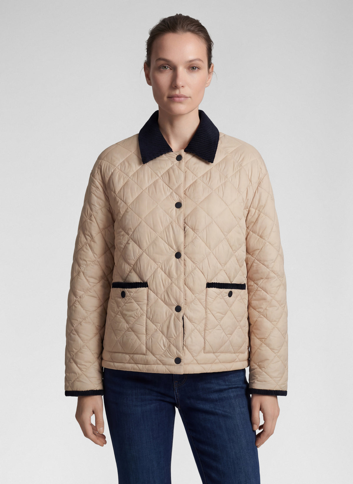 57-113821 rabe cream quilted jacket with contrast collar and pocket edging trim