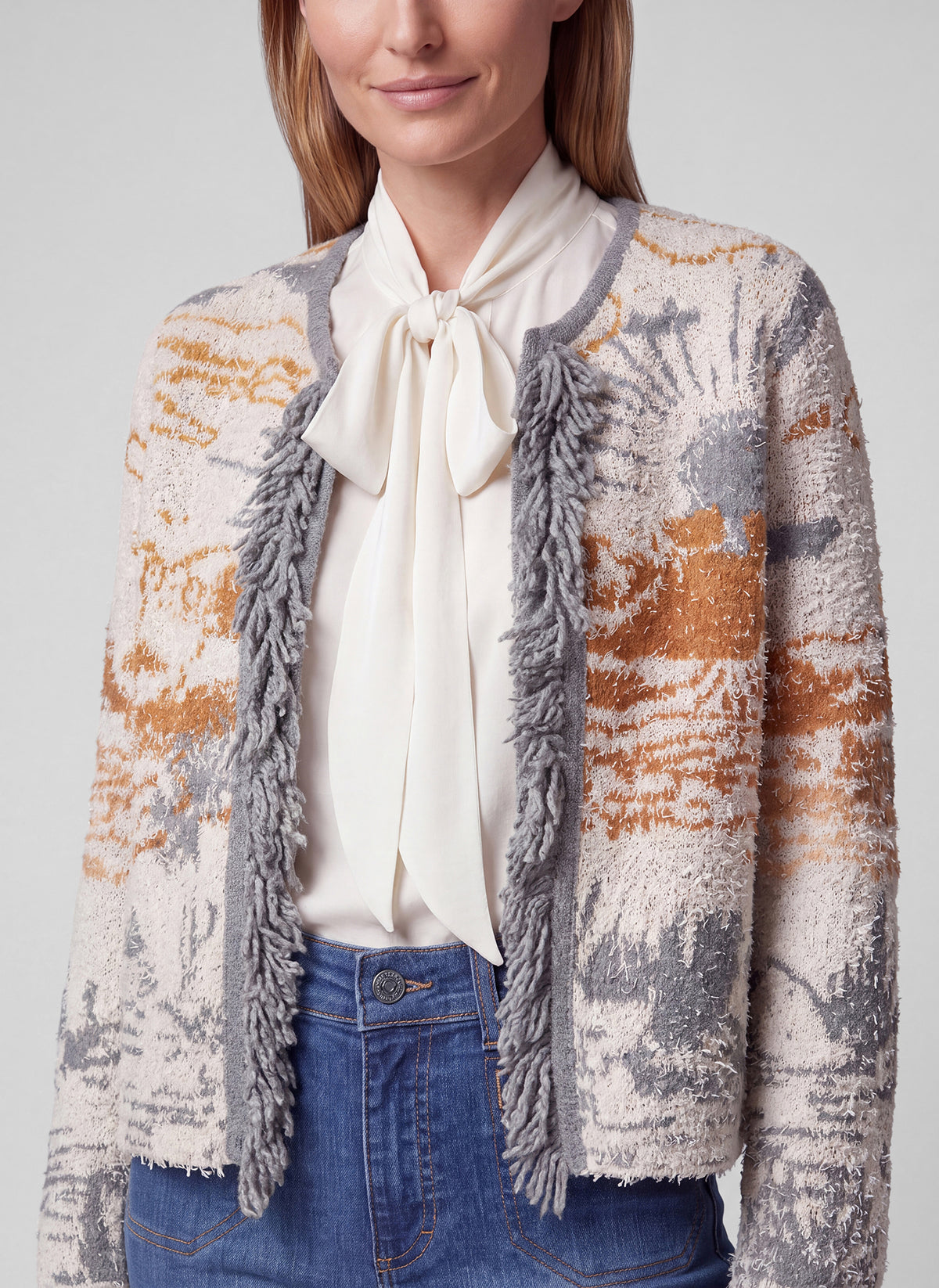 57-121533 rabe grey fringe print cardigan