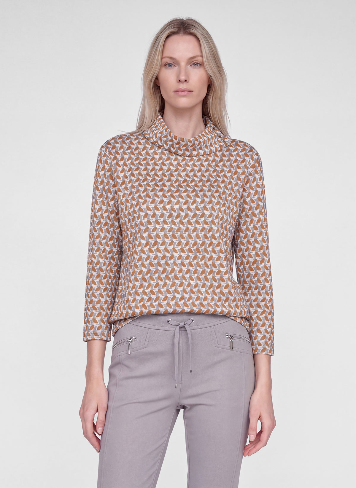 57-121354 rabe tan print knit with cowl neck and cropped sleeves