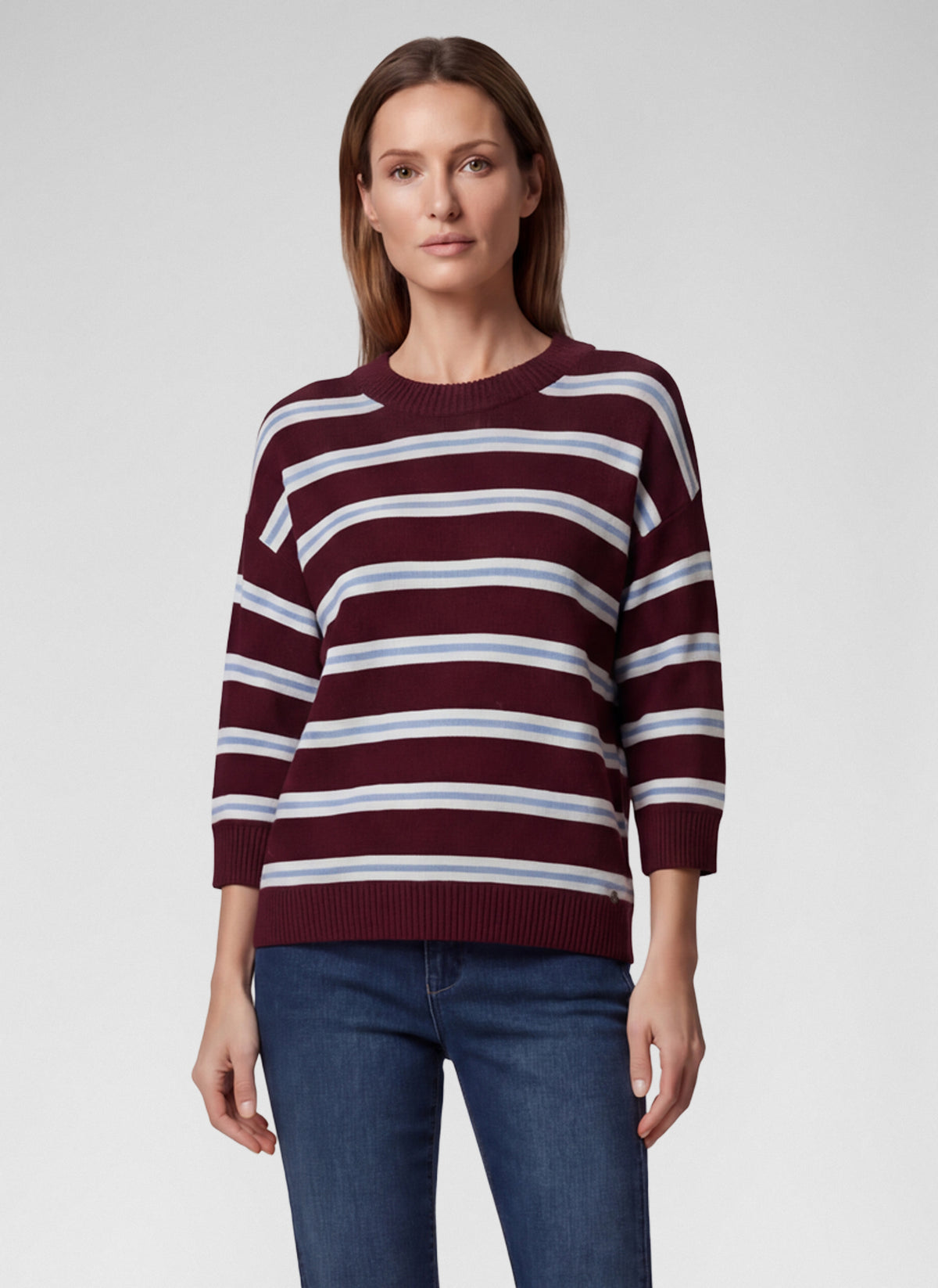 57-114612 rabe wine blue and white stripe knit with three quarter length sleeves