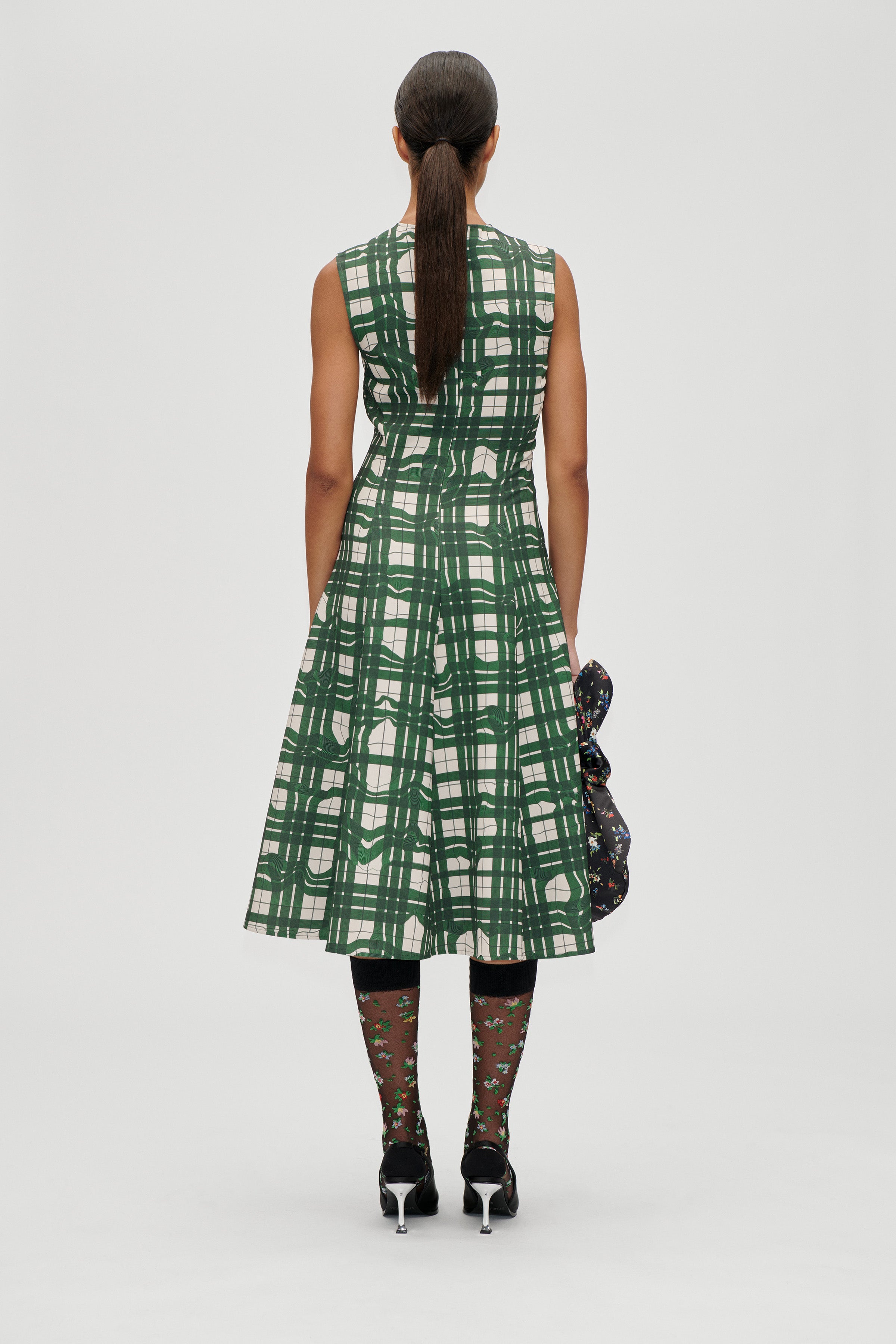STINE GOYA CHECKERED CADY SLEEVELESS GATHERED MIDI DRESS 2429225