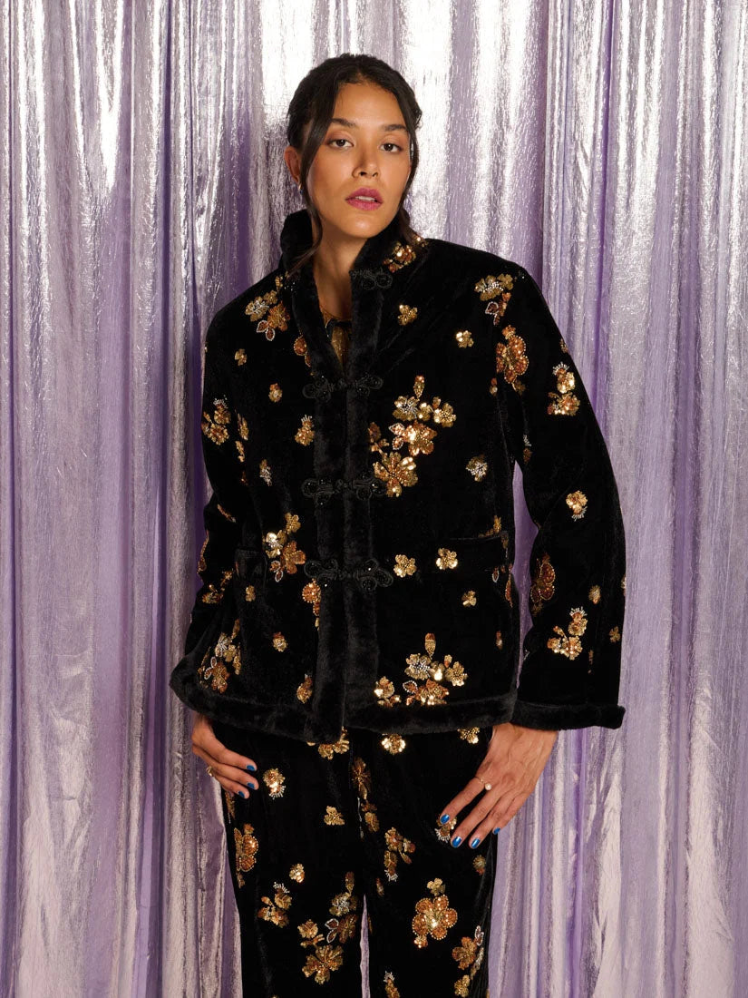 SISTER JANE BLACK velvet sequined MIRAGE VELVET JACKET with fur trim JK344BLK shop Macbees Killarney Christmas party night out