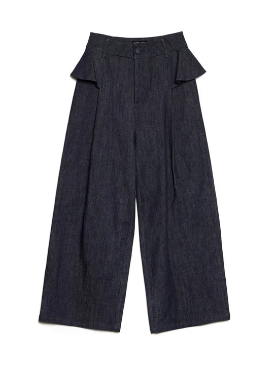 Dark blue wide-leg pants with ruffled details from sister jane ireland