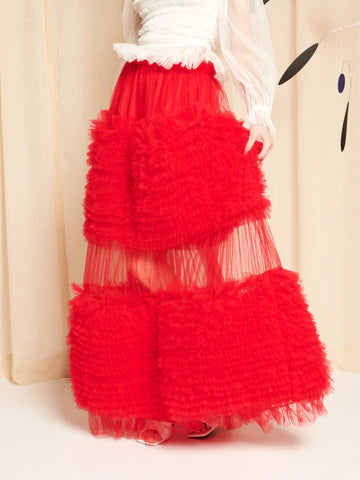 SISTER JANE RED PIGMENT TULLE RUFFLE MAXI SKIRT SKD112RED 226