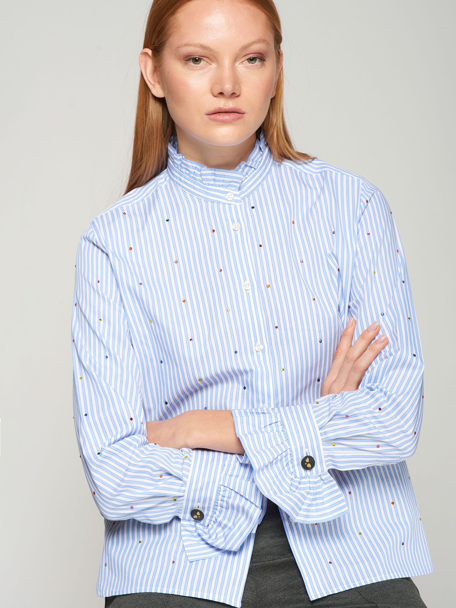 VILAGALLO BLUE FRILL NECK BLOUSE 32655 MACBEES