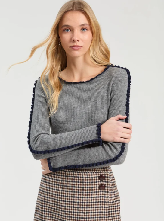 34143 vilagallo grey knit with navy frill trim along the sleeves smart casual top
