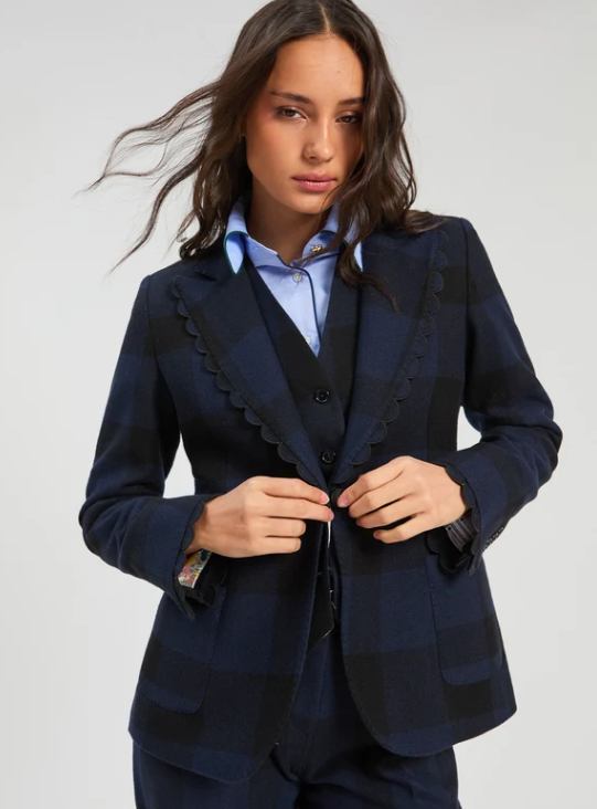 33826 vilagallo navy check jacket with scalloped edging workwear