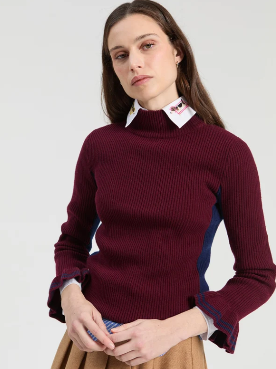 34131 vilagallo wine crew neck knit with blue stripe and fluted cuffs