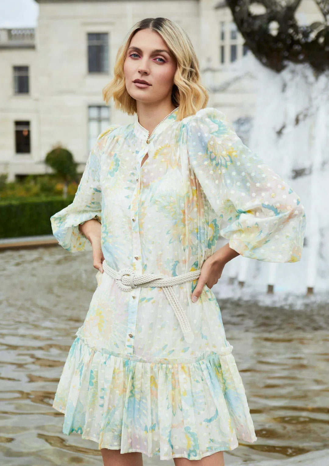 fee g yellow pastel print short dress 867Y129 shop macbees ireland