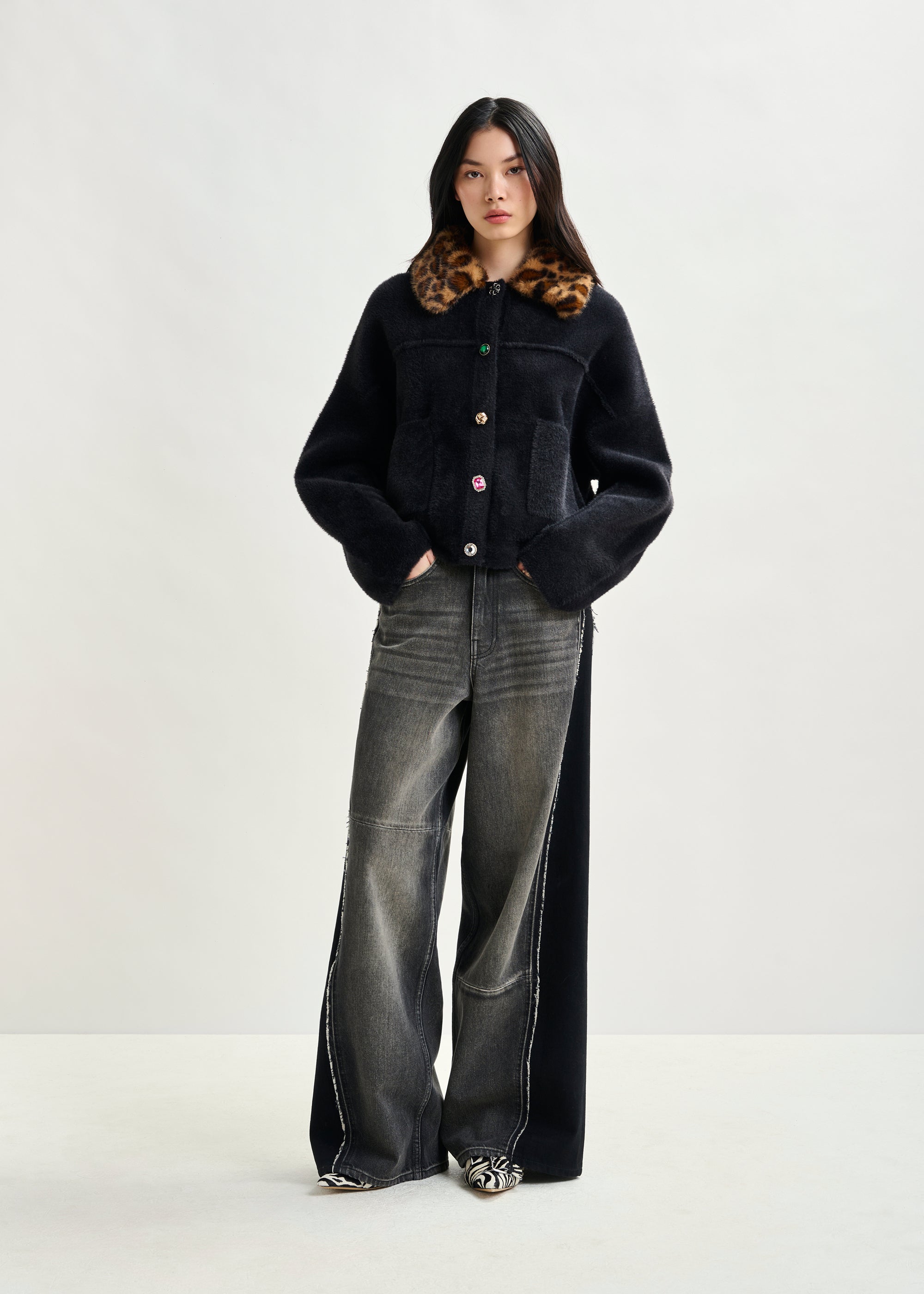ESSENTIEL ANTWERP INTENTION LEOPARD FUR COLLAR CARDIGAN 225