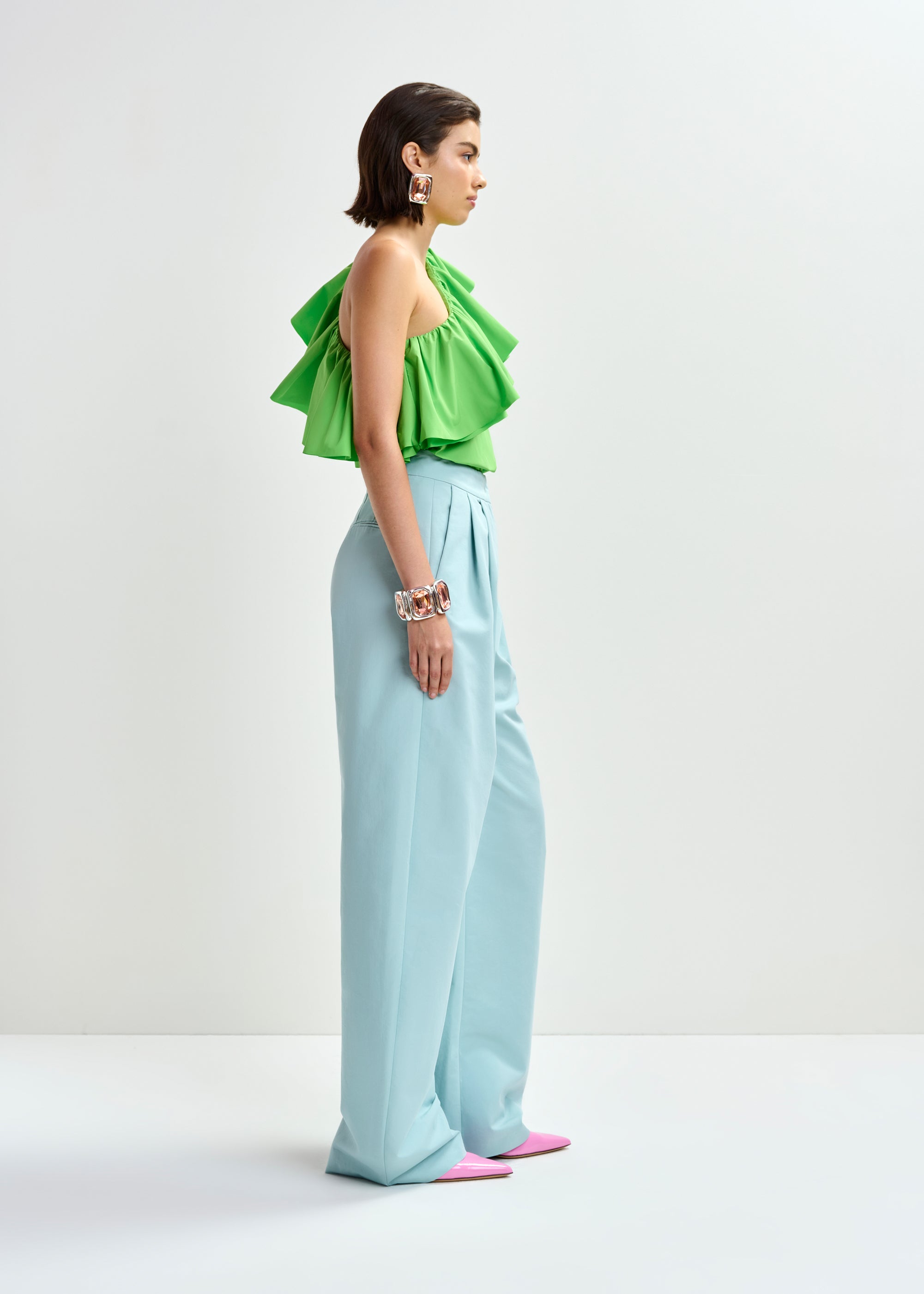 ESSENTIEL ANTWERP JILLIAN ASYMMETRIC RUFFLE TOP GREEN 126
