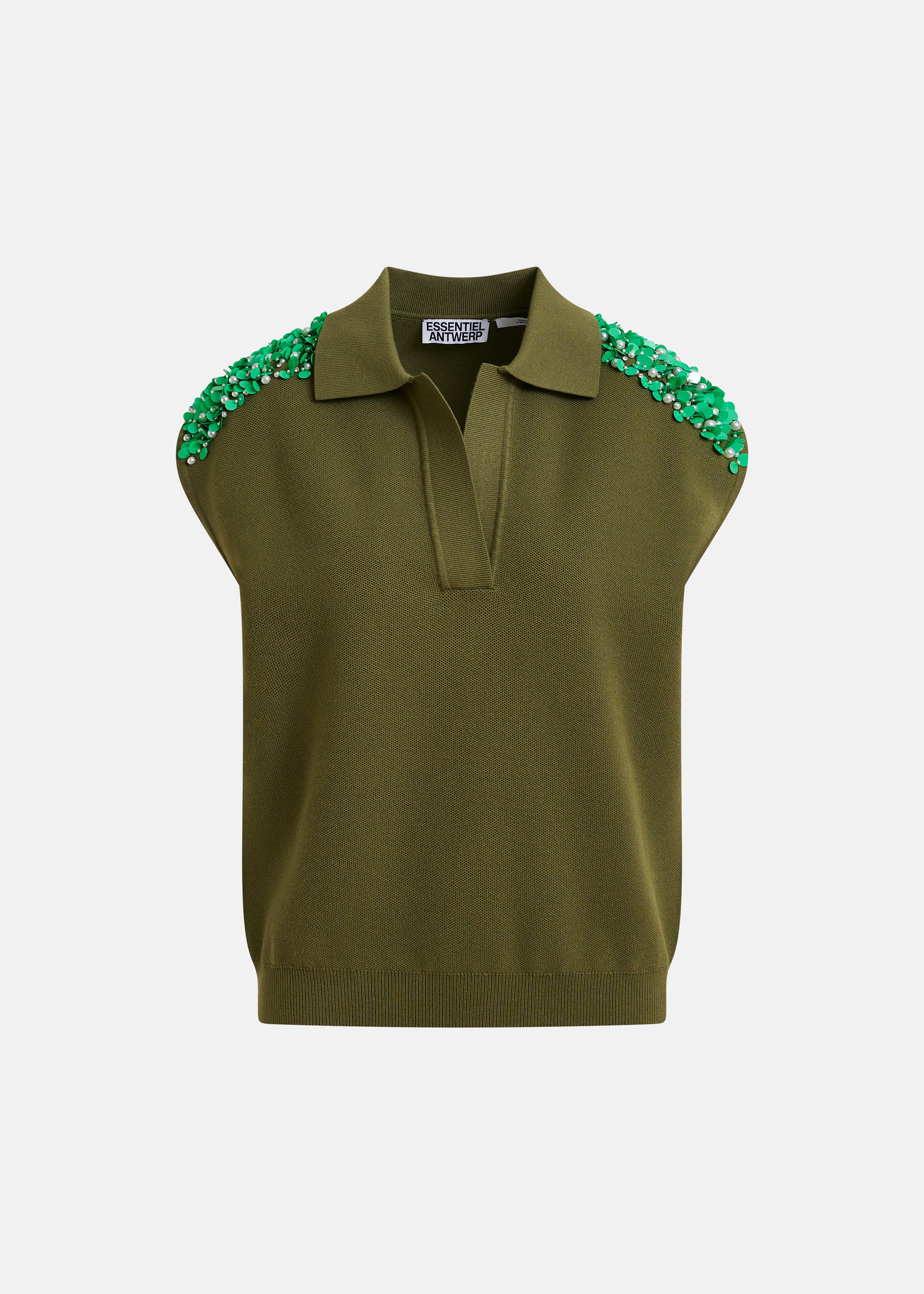 ESSENTIEL ANTWERP JOLINE EMBROIDERED KNIT POLO OLIVE 126