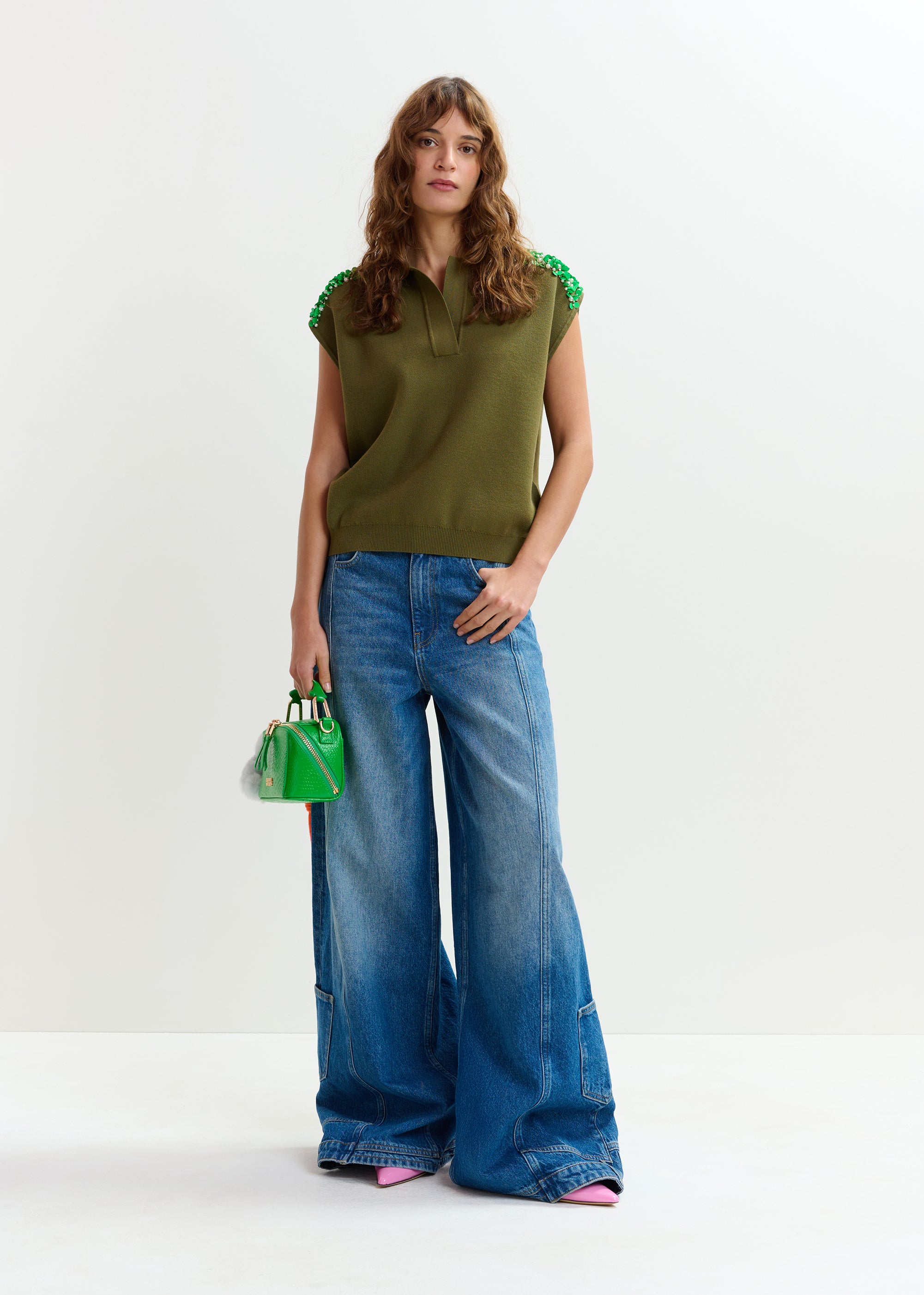 ESSENTIEL ANTWERP JOLINE EMBROIDERED KNIT POLO OLIVE 126